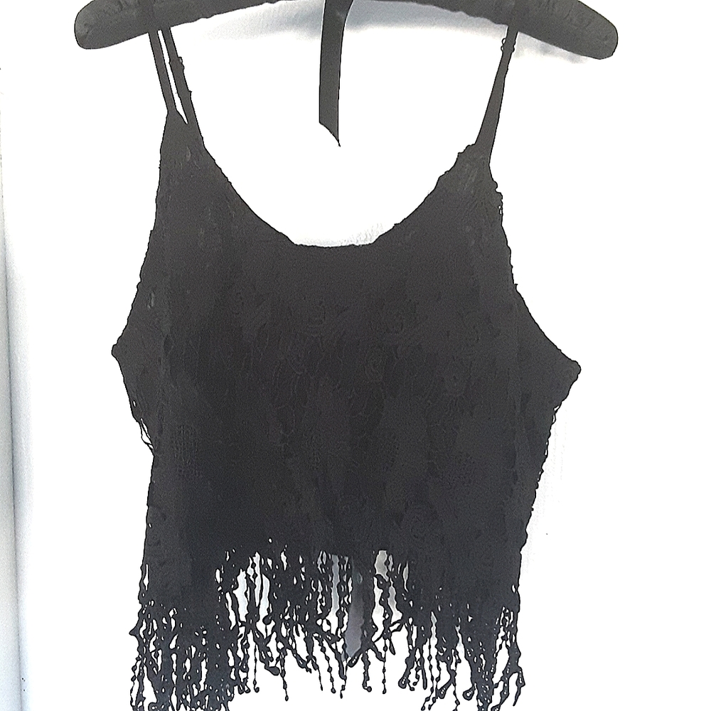 BLACK LACE FRINGED CROP TOP L/XL
